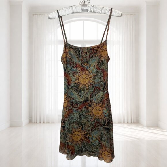 Shein Celestial Sun Print Mini Dress M | Y2K Boho Fairy Grunge Ruffle Hem - Picture 2 of 11